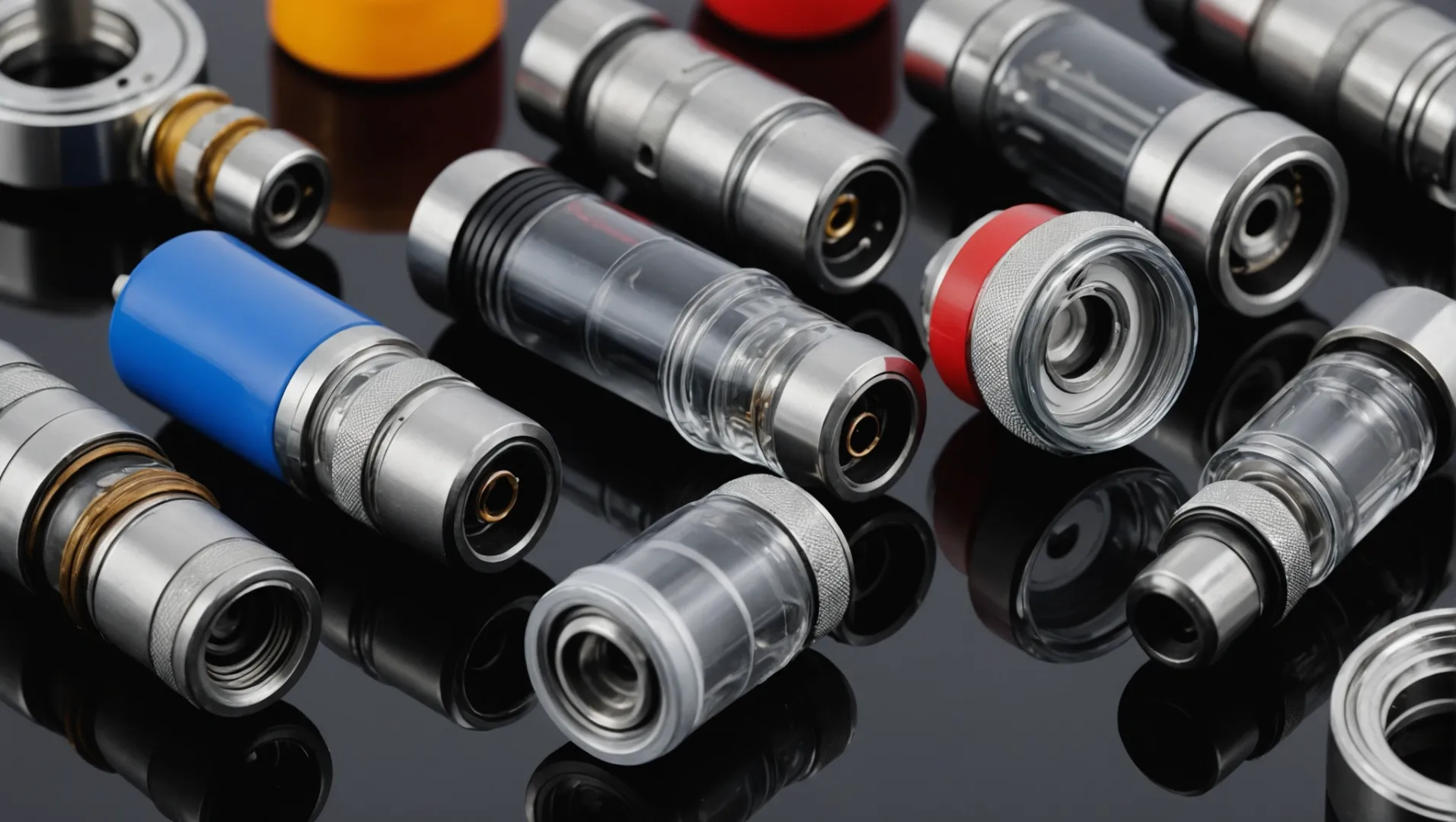 Different atomizer materials including stainless steel, glass, and plastic displayed with a focus on texture and color