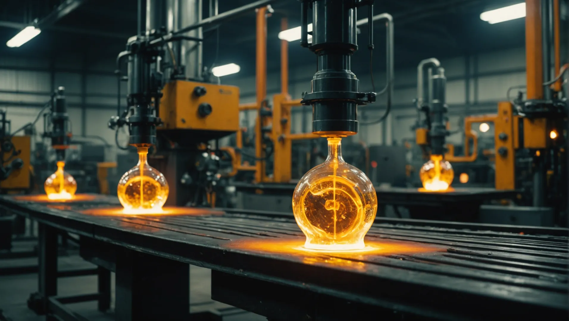 Molten glass being formed into a bottle using the blow and blow technique