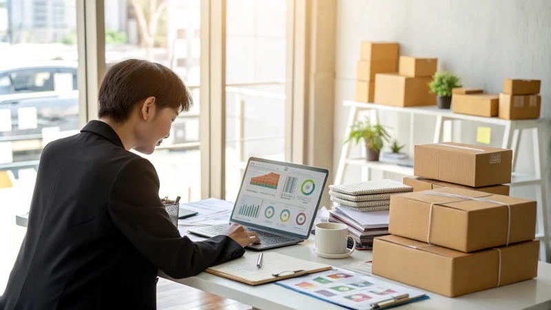 A business professional analyzing packaging samples in an office