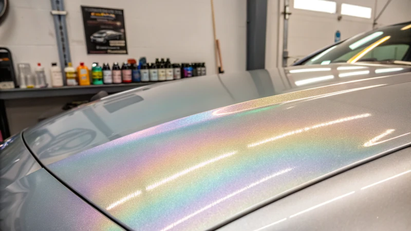 Close-up of a car's pearlescent finish being airbrushed