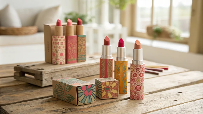 Aesthetic display of assorted cardboard lipstick boxes on a wooden table