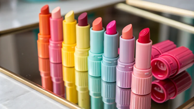 Close-up of colorful lipstick tubes on a reflective surface