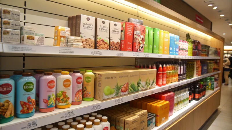 A vibrant retail shelf filled with various product packages.