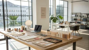 A large wooden table in a bright office filled with cosmetic packaging samples