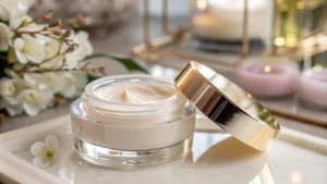 Photorealistic image of a cosmetic jar with cream