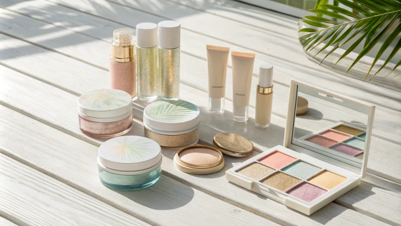 A collection of cosmetic packaging containers on a light wooden surface.