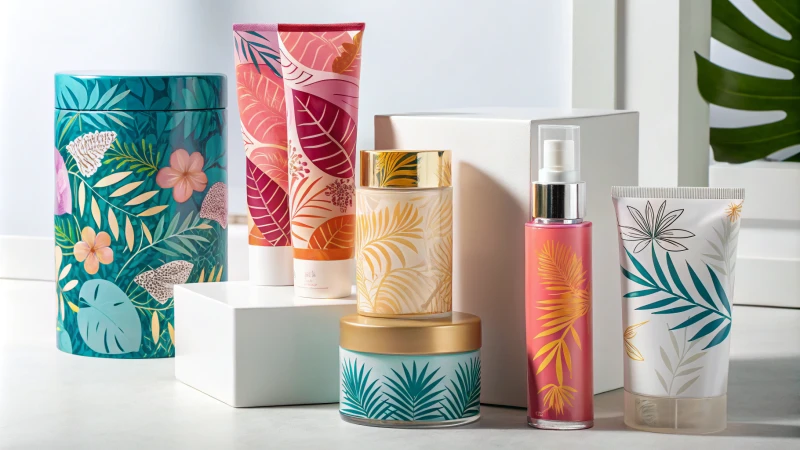 A vibrant display of various cosmetic products with diverse packaging sizes