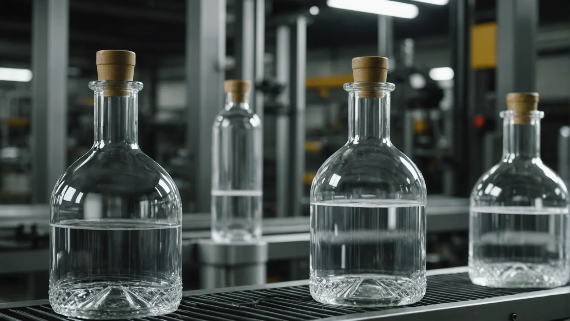 Close-up of crystal and high white glass bottles on a production line