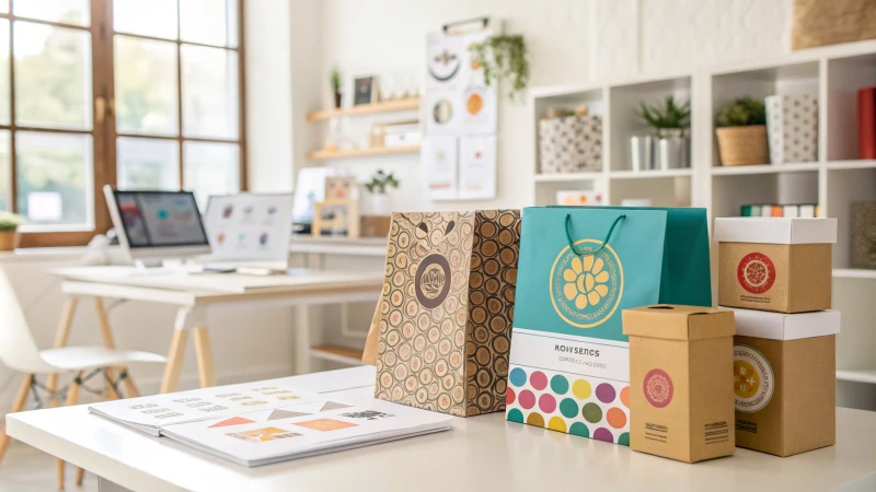 A studio showcasing various custom packaging designs with unique branding.