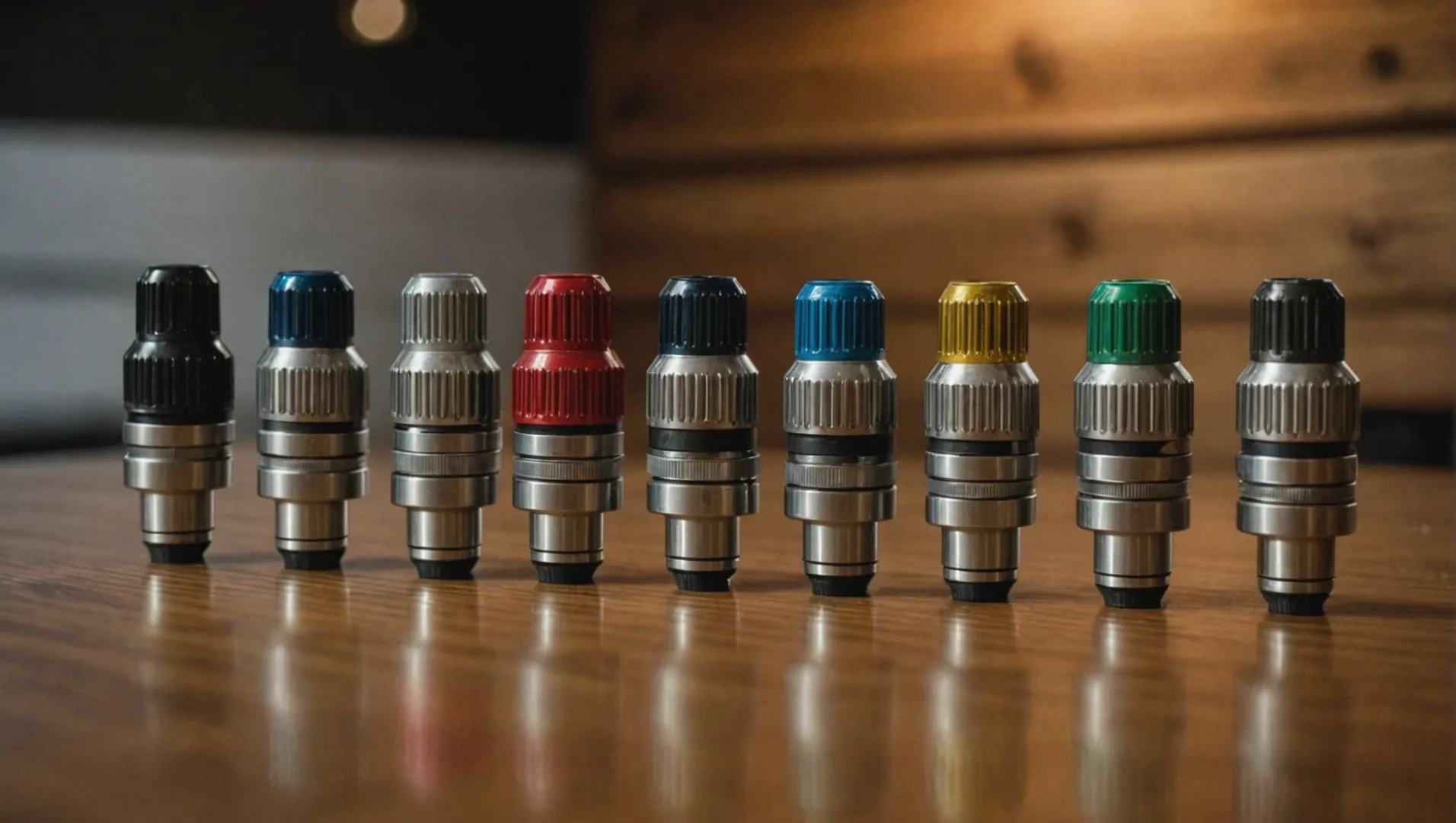 Various customizable sprayer nozzles displayed with brand colors and materials.