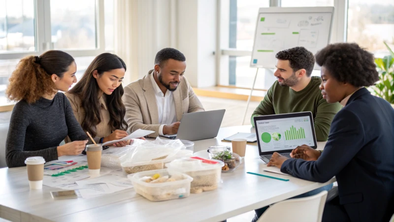 A diverse group of professionals discussing sustainable packaging solutions in an office.