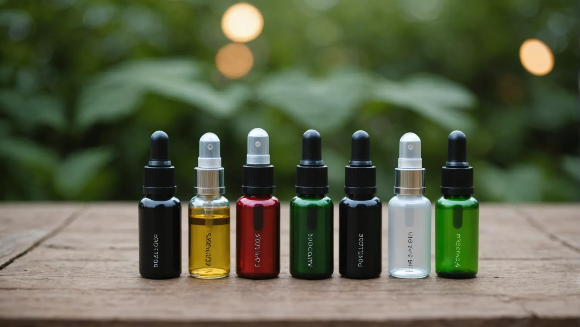 A collection of eco-friendly atomizers made from sustainable materials displayed on a wooden table.