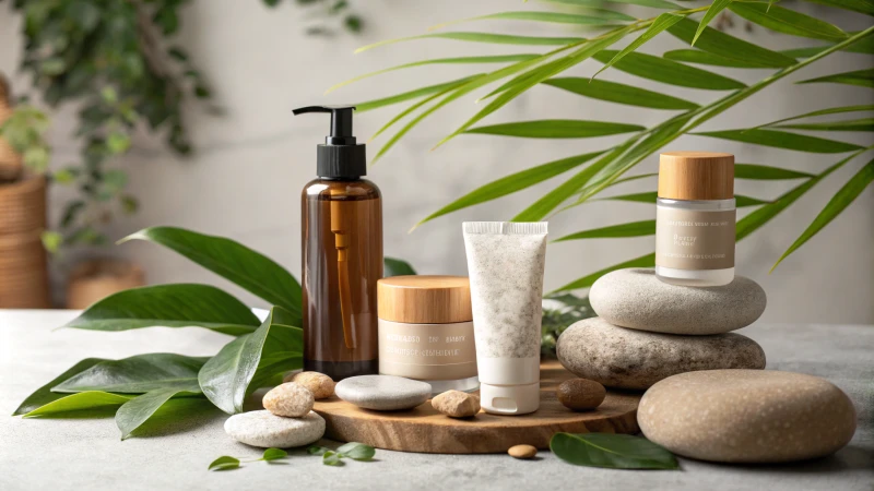 Display of eco-friendly skincare packaging with natural elements