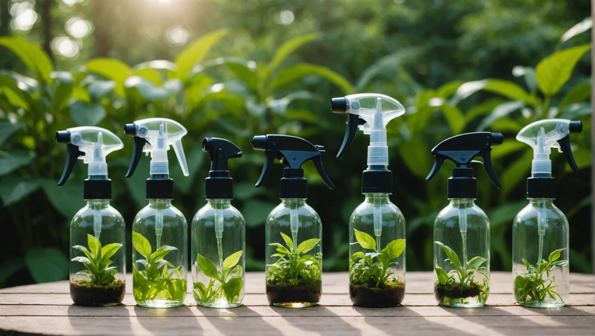 Eco-friendly sprayers made from recycled materials with lush greenery background