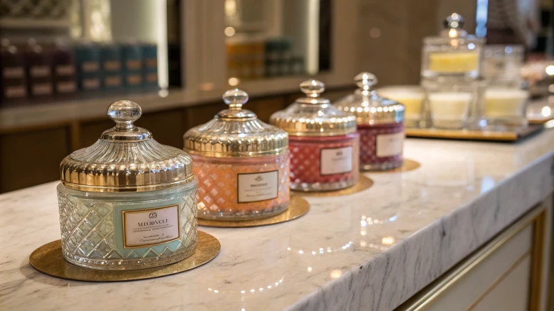 Collection of elegant glass jars with cosmetic creams on a marble countertop