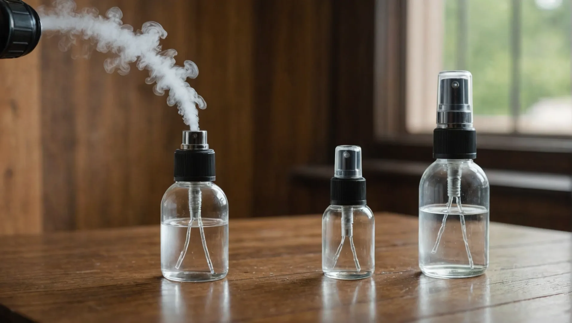 Comparison between fine mist sprayer and atomizer on a table