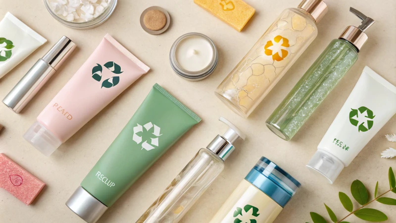 Flat lay of cosmetic packaging items including tubes, jars, and pumps