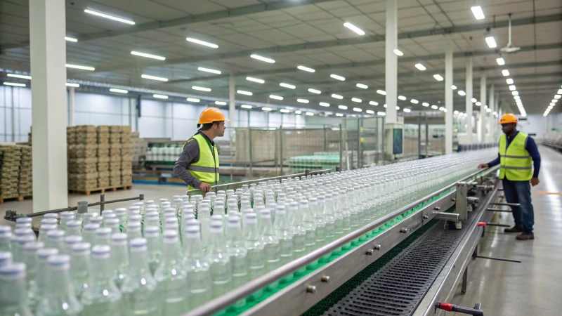 A modern glass bottle manufacturing facility with workers inspecting bottles.