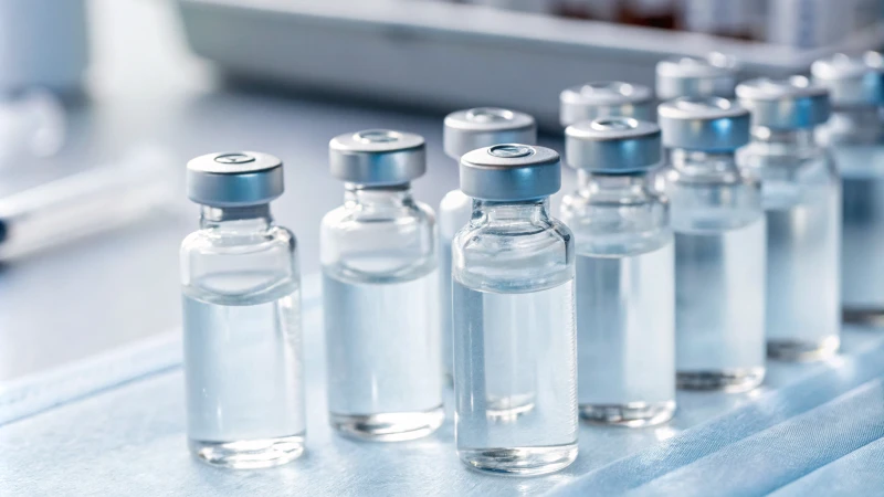 Close-up of clear glass injectable vials on a sterile surface