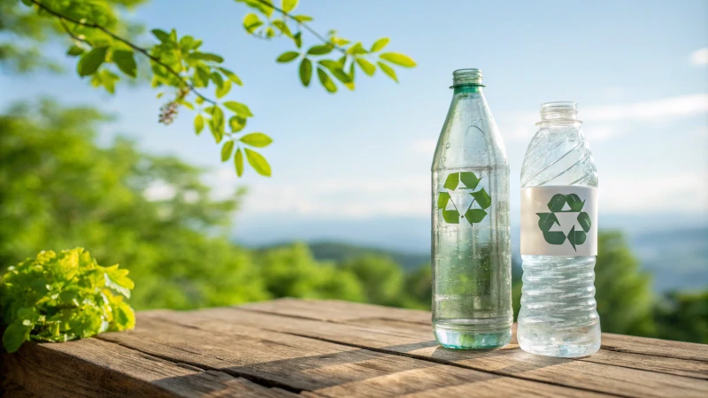 A glass bottle and a plastic bottle side by side against a natural backdrop