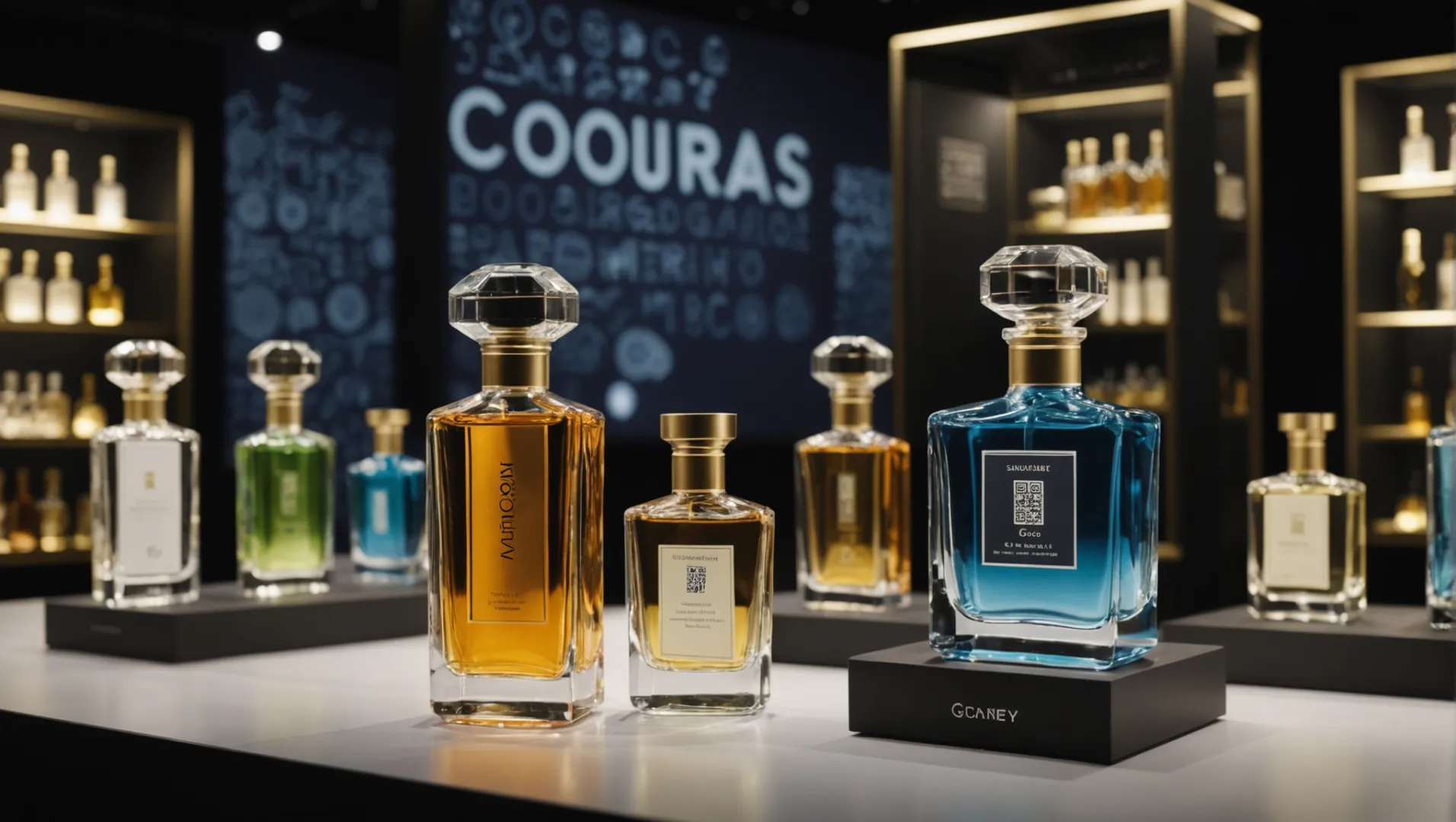 A collection of innovative perfume bottles with unique designs and eco-friendly materials.