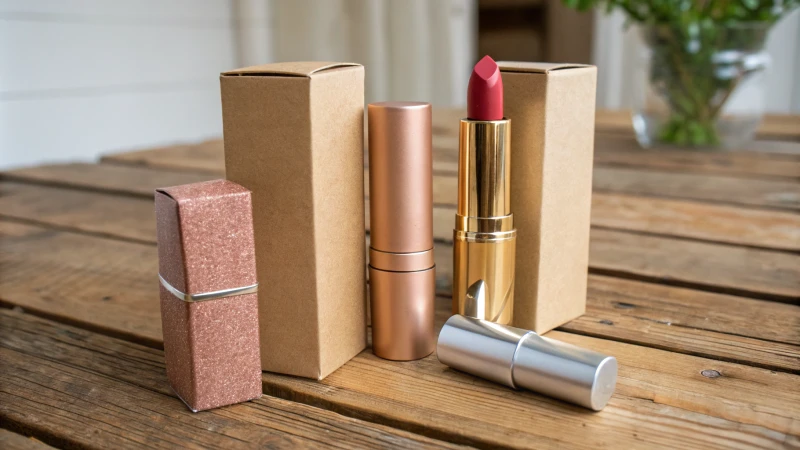 A stylish arrangement of various lipstick boxes on a wooden surface