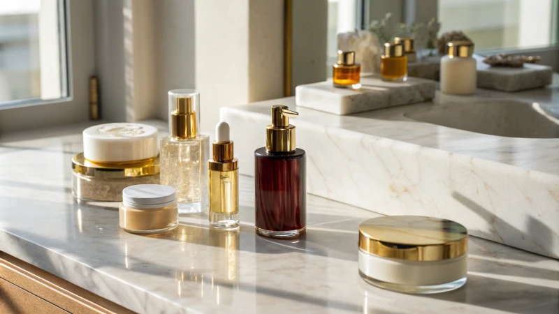 A collection of elegant glass cosmetic cream bottles on a marble countertop