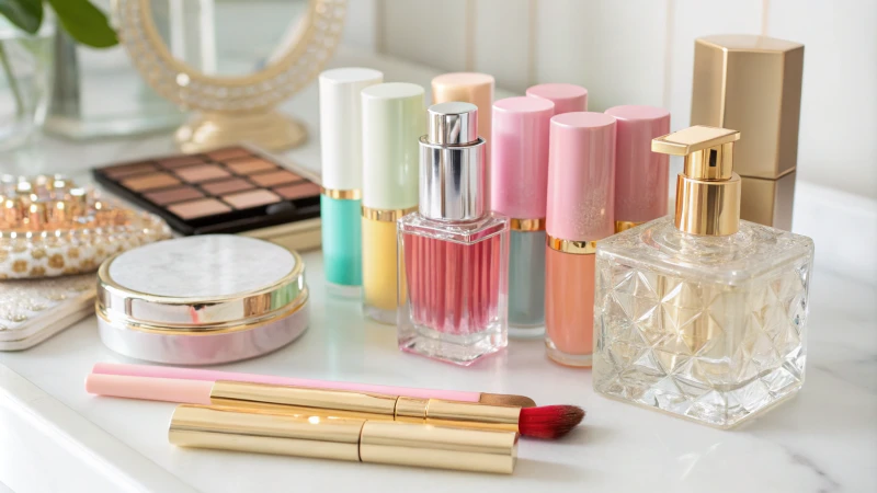 Flat lay of various makeup packaging materials including glass bottles, plastic tubes, and metal containers on a neutral background.