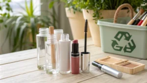 Various types of makeup packaging arranged for recycling