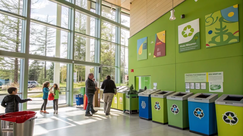 A modern eco-friendly facility with diverse consumers recycling products.