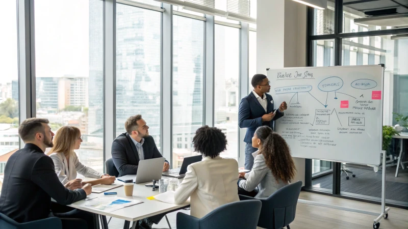 A diverse group of business professionals discussing in a meeting room