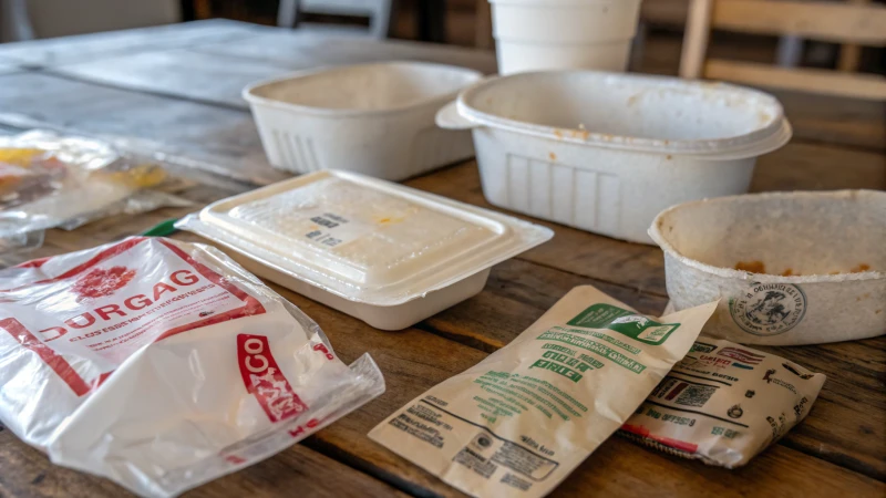 Close-up of non-compliant packaging materials on a wooden table