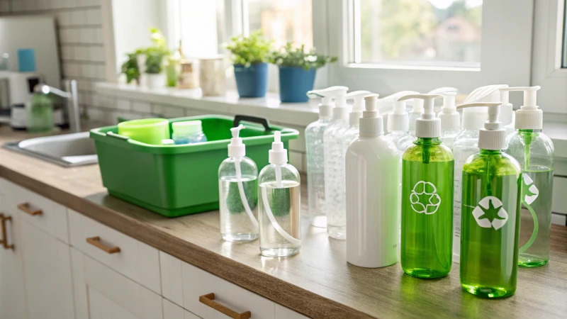 Bright kitchen counter with empty shampoo and conditioner bottles