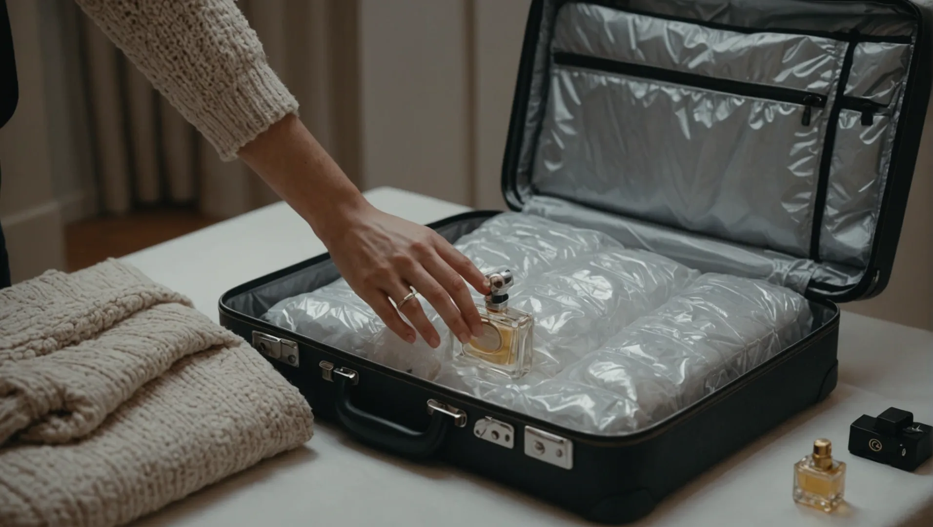 Traveler packing perfume bottle with bubble wrap in suitcase