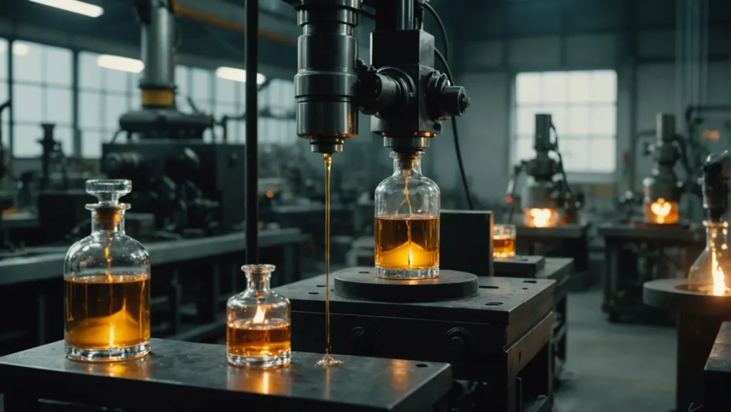 Close-up of perfume bottle manufacturing process showing molten glass