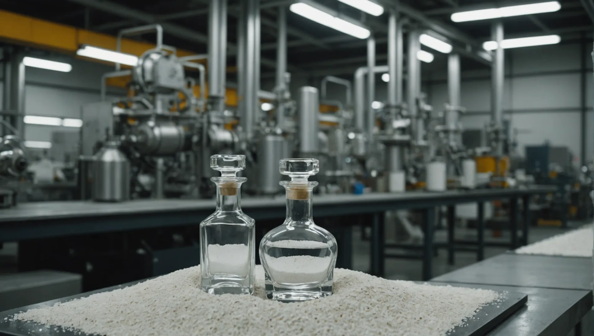 A close-up of a perfume bottle manufacturing process showing glass materials and molds.