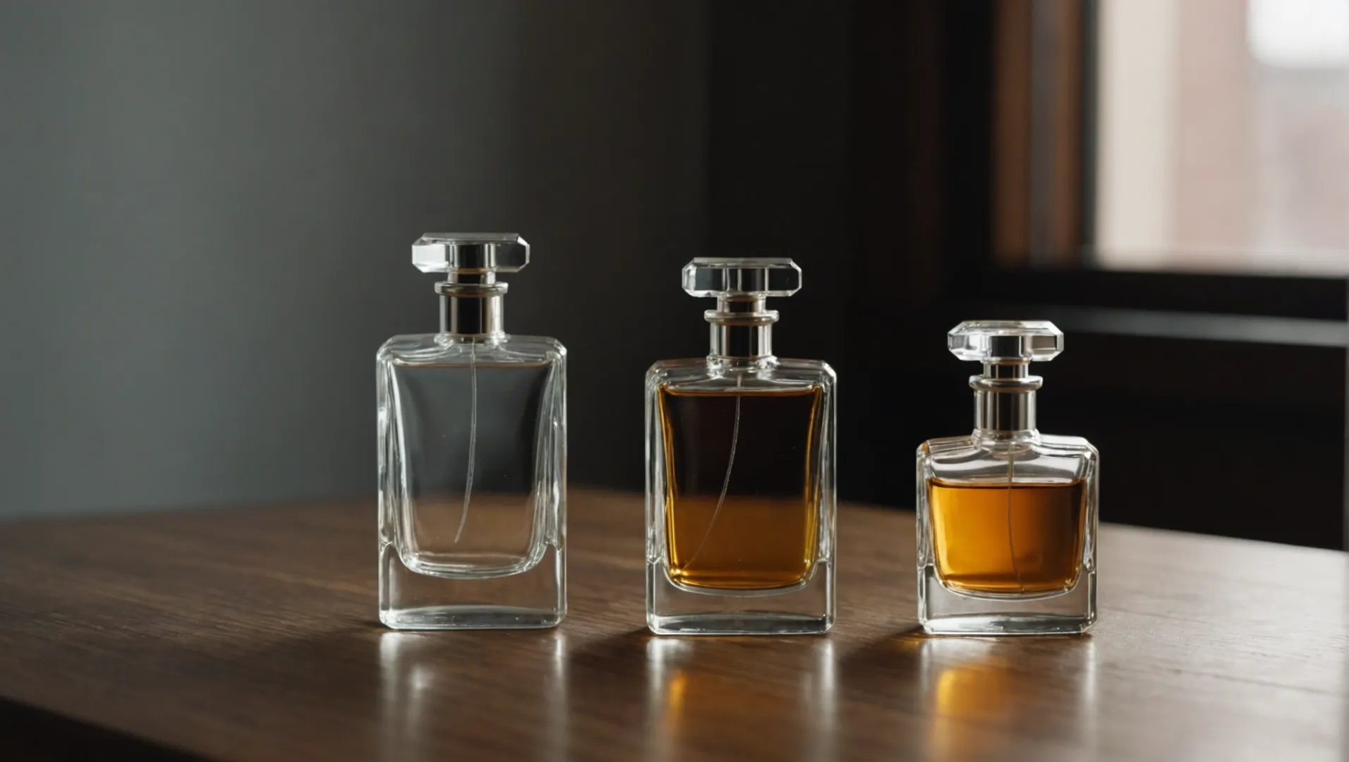 Perfume bottles made of glass, plastic, and metal on a wooden table.