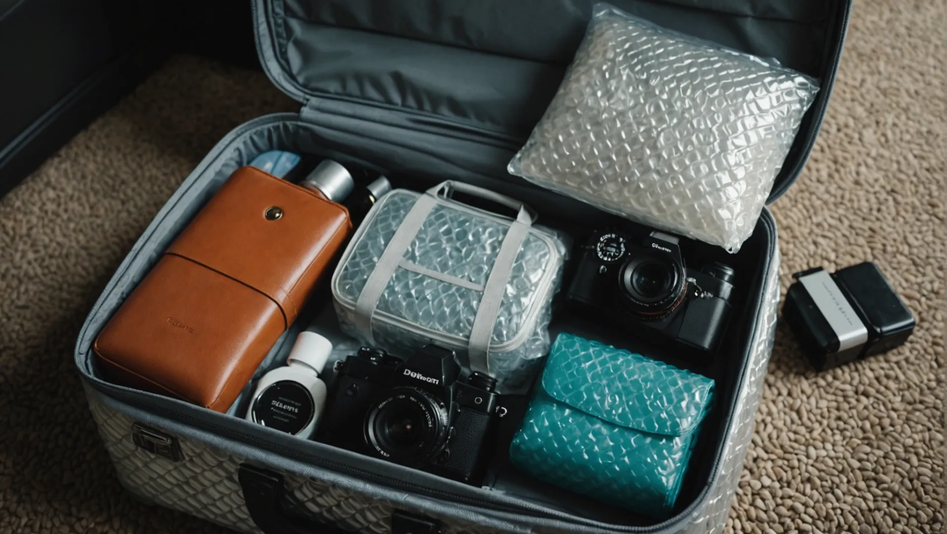 Perfume bottle wrapped in bubble wrap with carry-on luggage