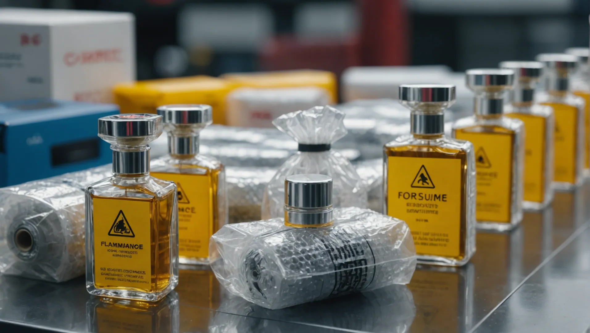 A collection of securely packaged perfume bottles ready for transport