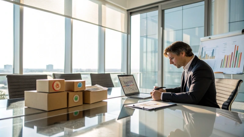 A business professional reviewing packaging samples in a modern office