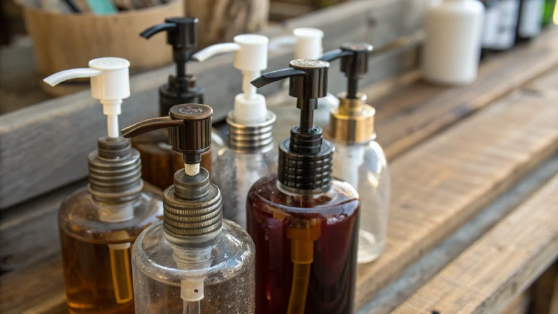 Close-up of various pump dispensers on a wooden surface