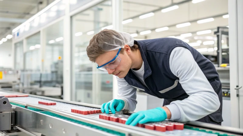 Quality control inspector examining products on a conveyor belt in a modern factory.