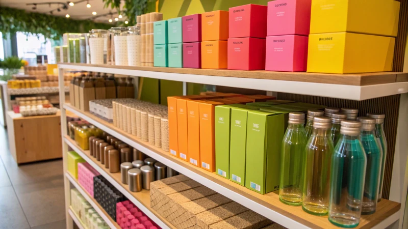 A retail shelf displaying various products with innovative packaging designs