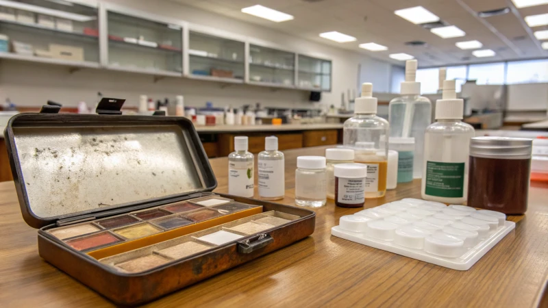 A laboratory scene with oxidized cosmetic containers on a wooden table