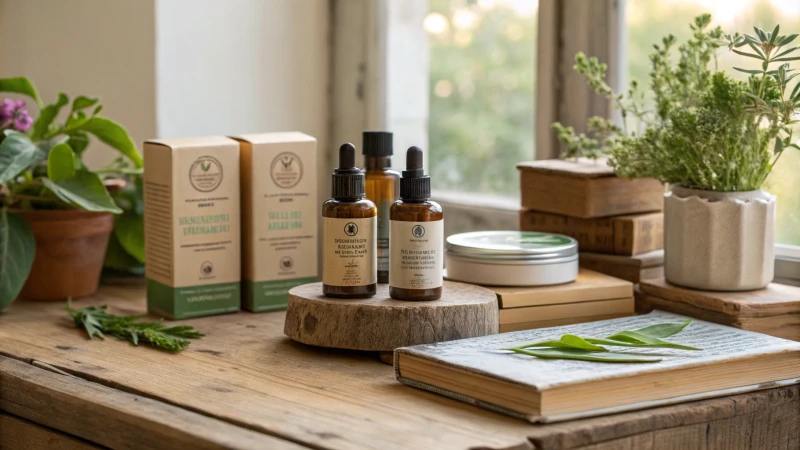 A collection of eco-friendly skincare products on a wooden table