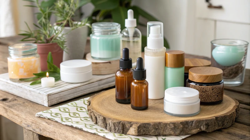 A collection of diverse skincare packaging on a rustic wooden table