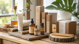 An aesthetically arranged display of skincare product packaging on a wooden surface.