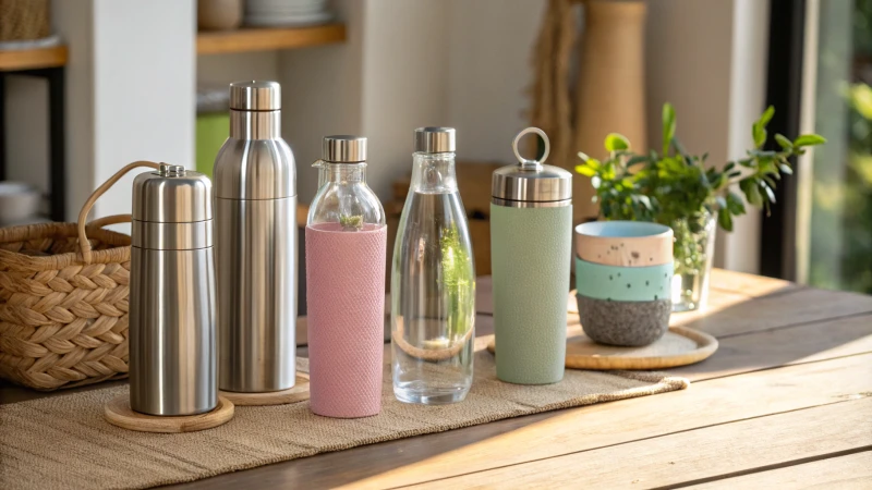 A collection of sustainable bottle alternatives on a wooden table