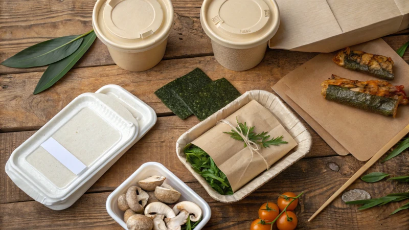 Flat lay of diverse sustainable packaging materials on a wooden table