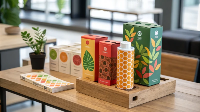 Array of vibrant product packaging on a wooden table